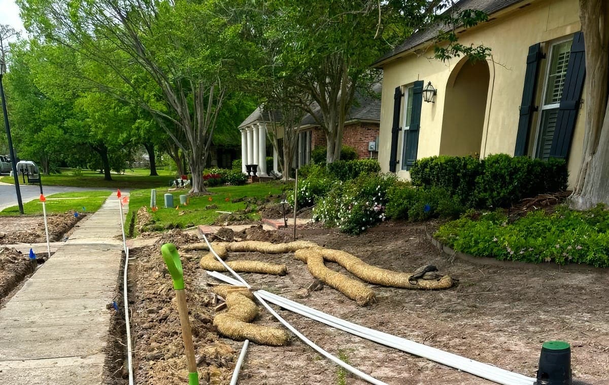 The crew staging PVC pipe and erosion wattles along a front yard during a sprinkler system installation