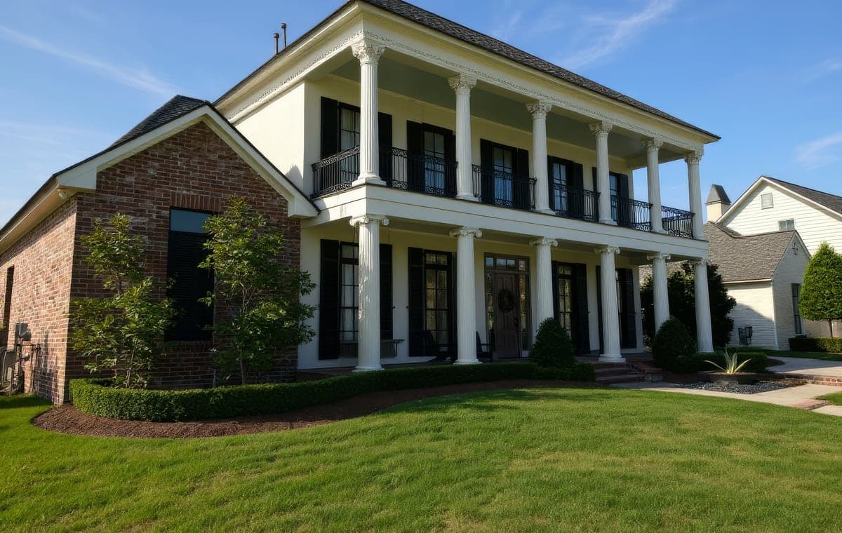 A large white two-story colonial-style home with columned porches, black shutters, and manicured landscaping including hedges and shrubs