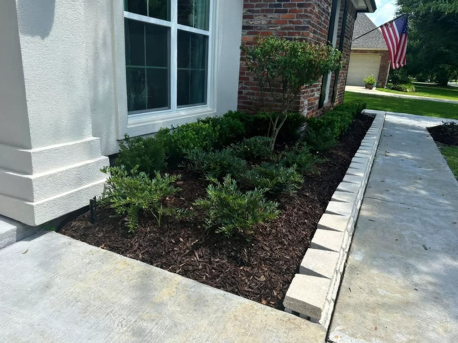 A freshly mulched bed with new shrubs and stone edging along a front walkway