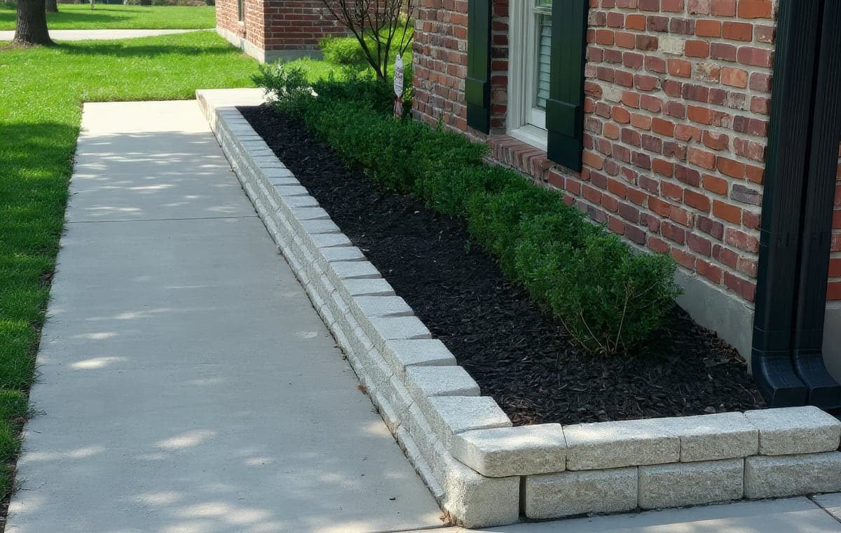 A newly completed stone paver border and mulched garden bed along a concrete walkway next to a brick house