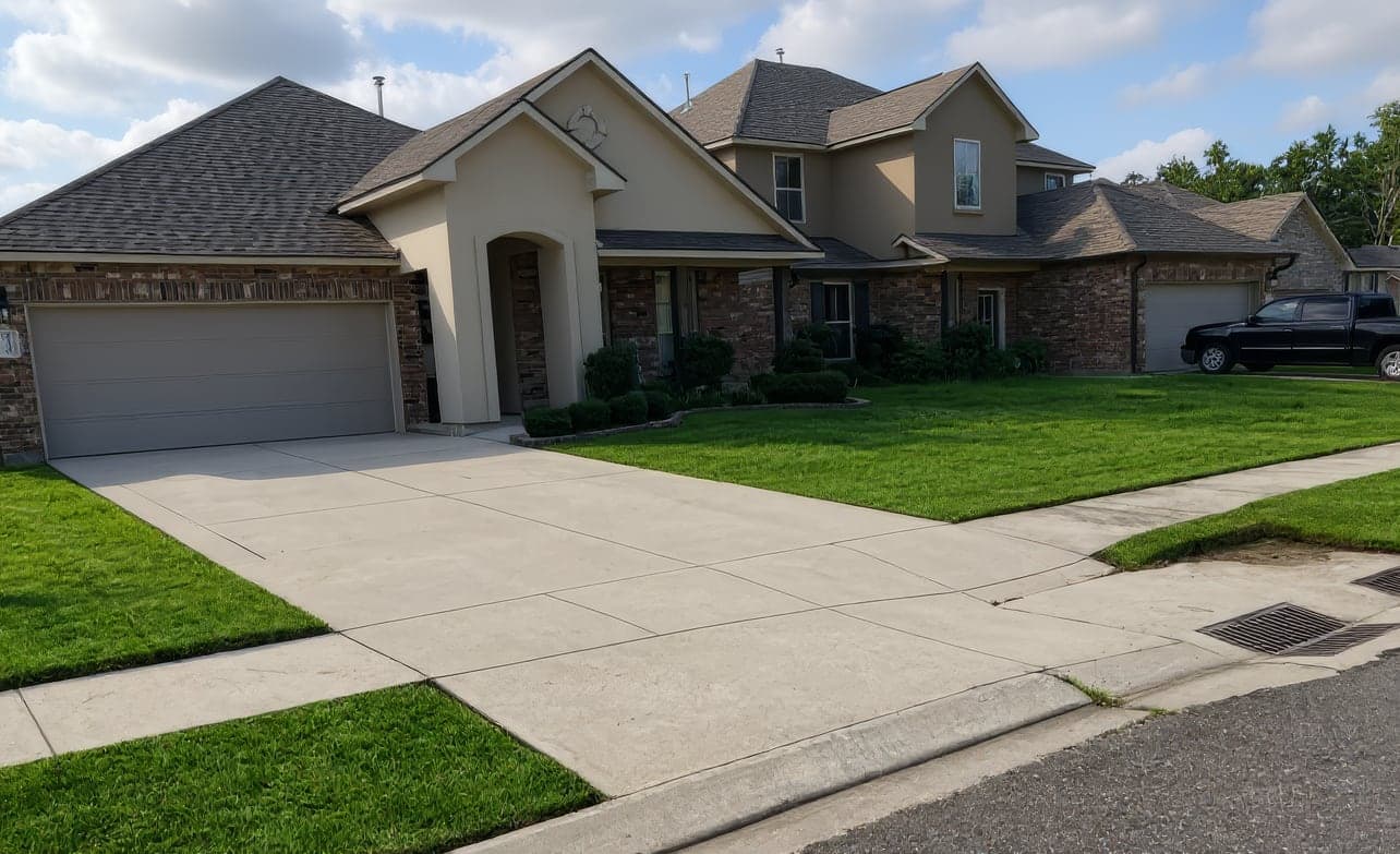 A two-story brick and stucco home with a manicured lawn