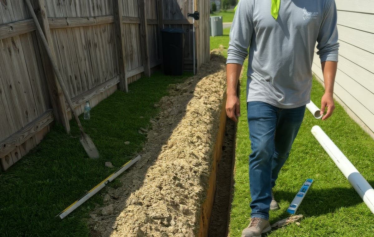 A landscaping worker walks alongside a freshly dug trench in a residential side yard, with PVC drainage pipes and levels laid out on the grass. The trench runs between a wooden privacy fence and the house, showing draina
