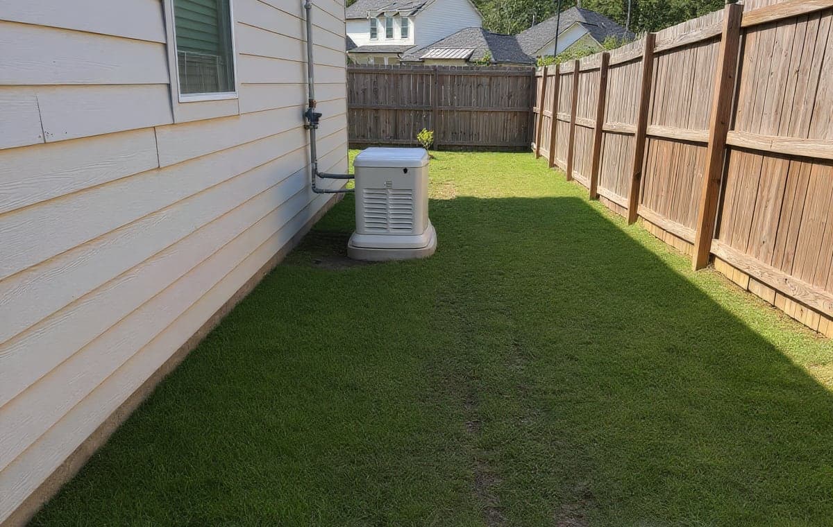 A side yard with a standby generator, privacy fence and fresh sod
