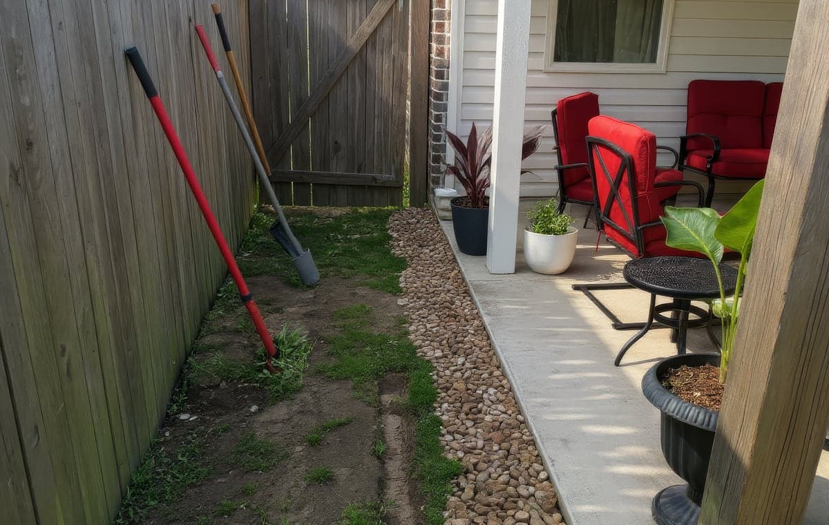 A freshly dug trench along a wooden privacy fence in a residential side yard, with shovels leaning against the fence and river rock landscaping beside a covered patio with red cushioned furniture and potted plants