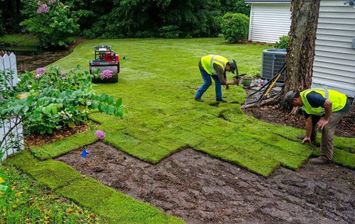 Two landscaping workers in high-visibility vests lay fresh sod squares over prepared soil in a residential backyard. A sod roller and finished turf sections are visible near a house with a garden border