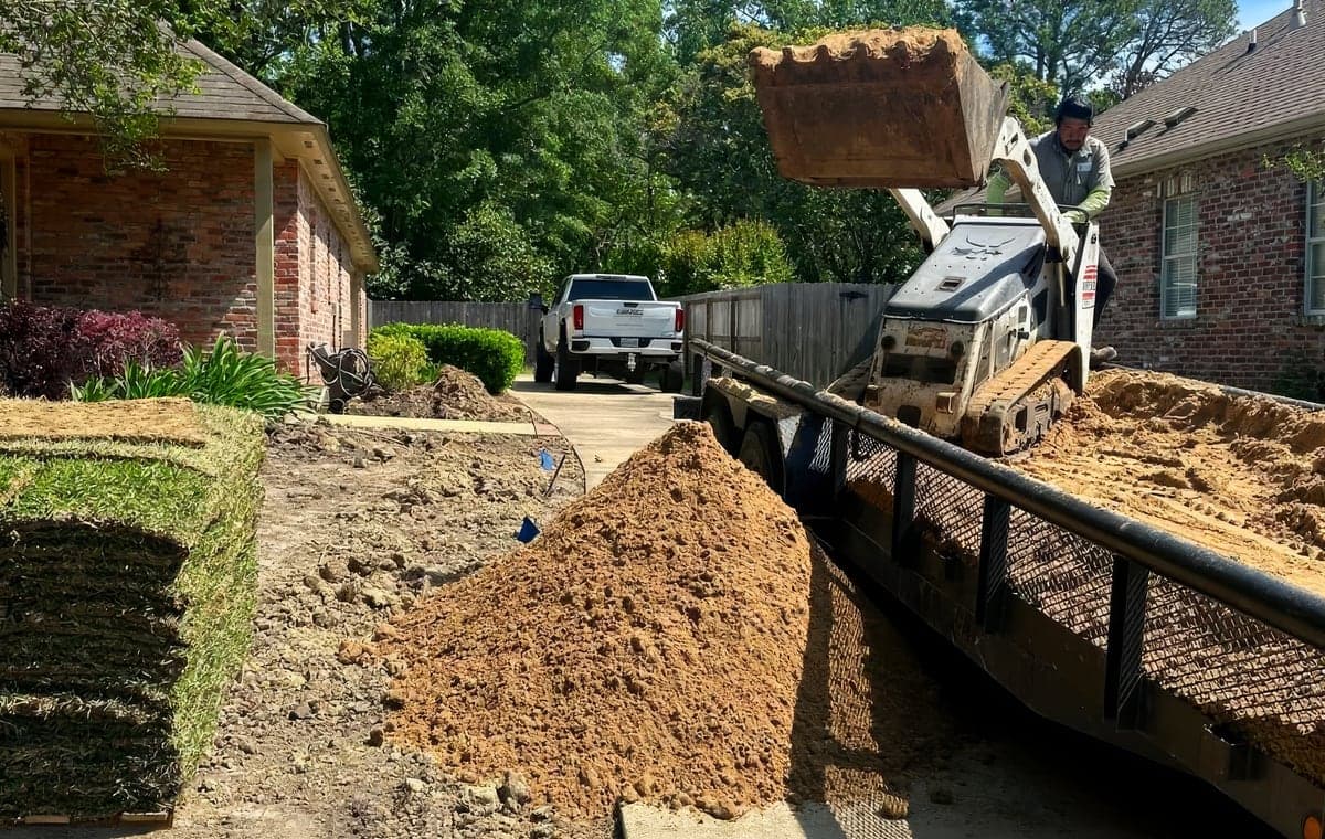 A landscaper operates a compact track loader, lifting a bucket of soil and sod above a trailer loaded with dirt, with stacked sod pallets and freshly graded ground in the foreground of a residential job site