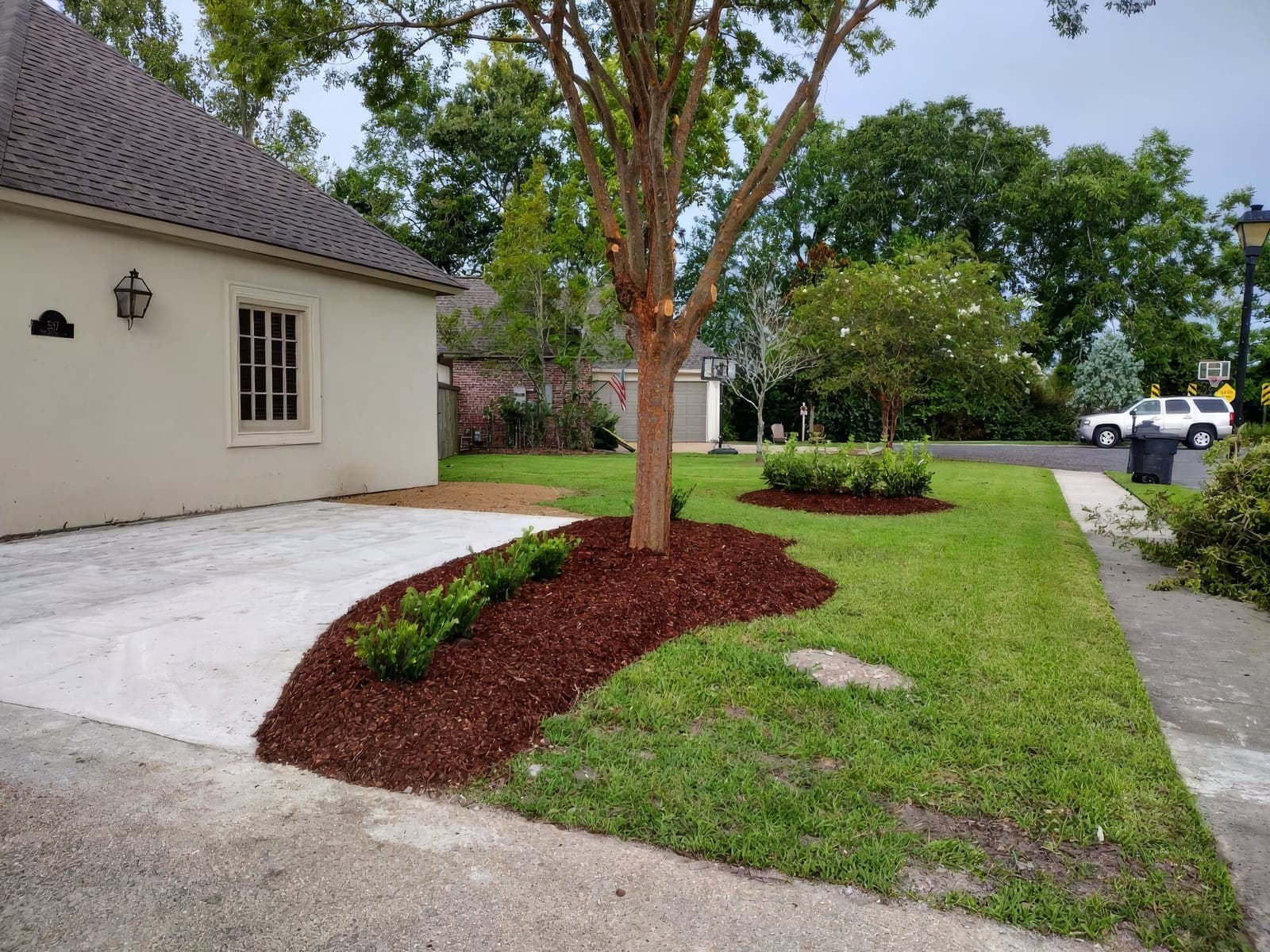 Freshly completed landscaping at a residential home featuring curved mulch beds with newly planted shrubs around a crape myrtle tree, a neatly maintained green lawn, and a new concrete driveway extension