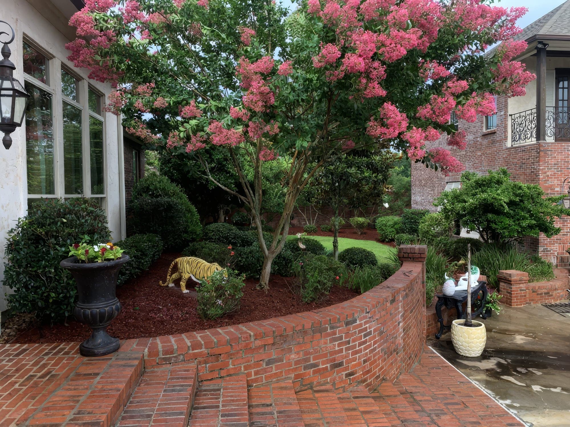 A professionally landscaped residential garden featuring a blooming pink crape myrtle tree, fresh red mulch beds, trimmed shrubs, and a curved brick retaining wall with brick steps. A decorative tiger statue and a plante