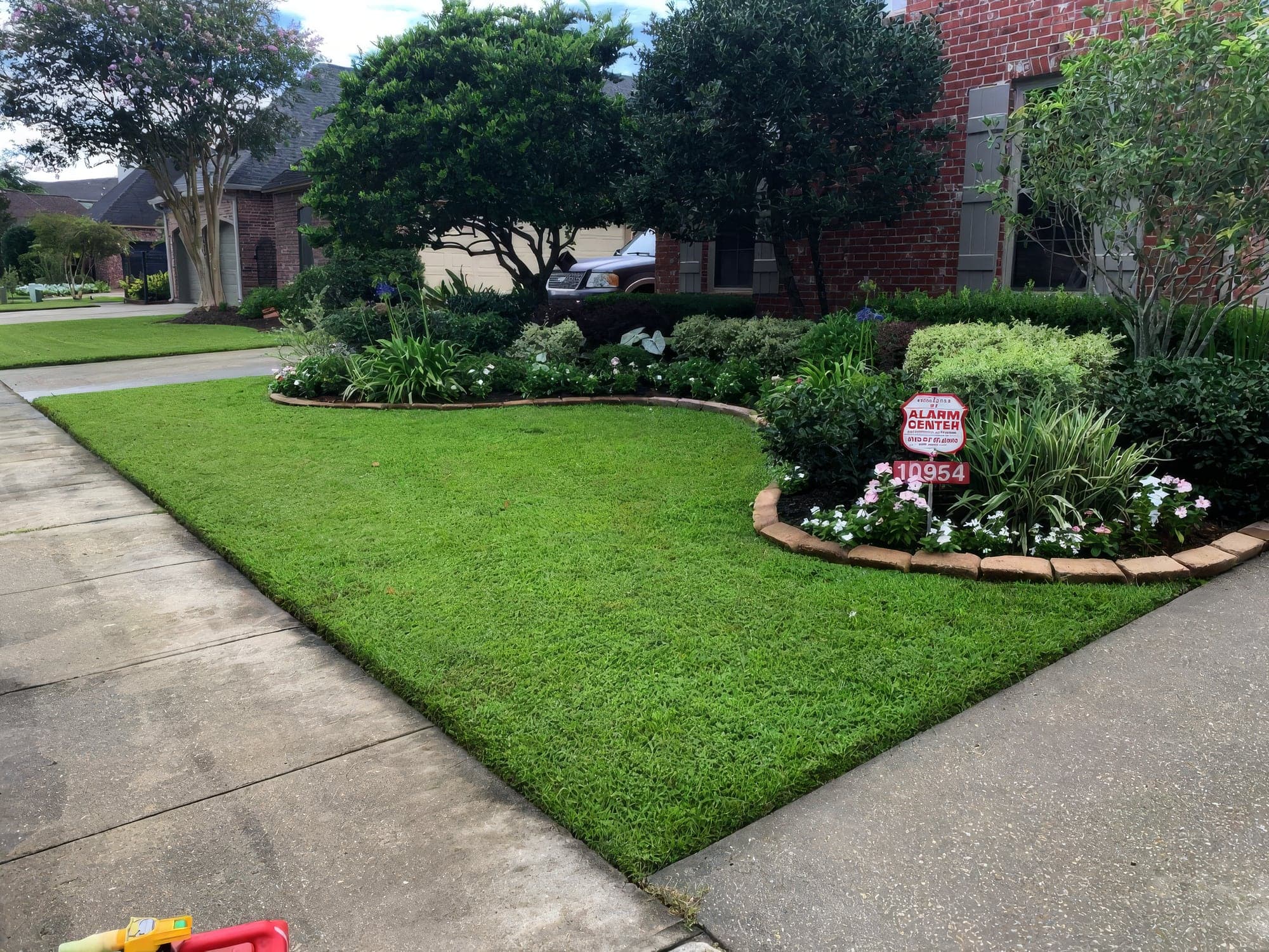 A neatly edged front lawn curving alongside a brick-bordered landscape bed
