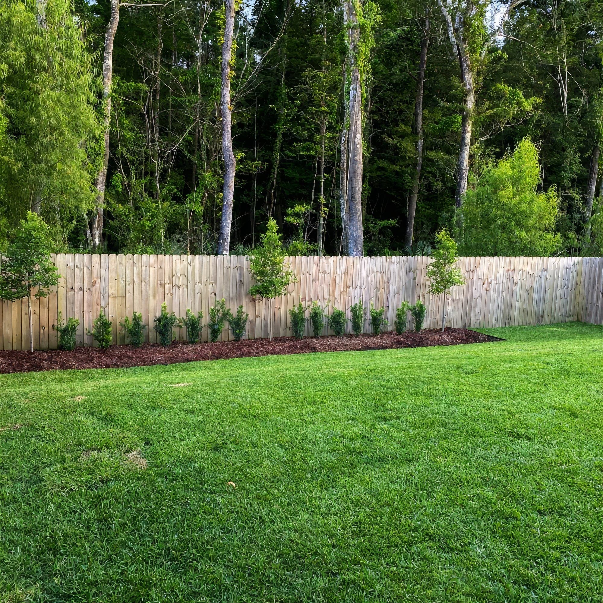 A freshly landscaped backyard with a mulched garden bed along a wooden privacy fence, planted with young shrubs and small ornamental trees, next to a lush, freshly installed green lawn with a wooded backdrop