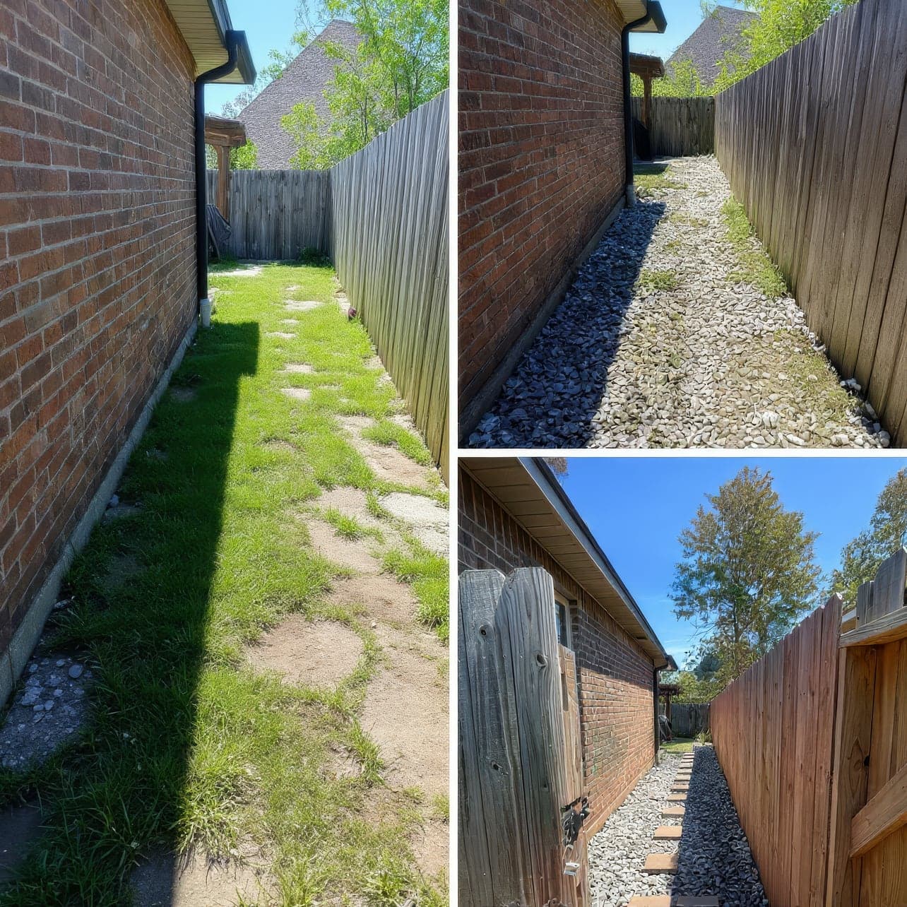 Before and after of a waterlogged side yard with broken flagstones, rebuilt with gravel drainage and stepping stones