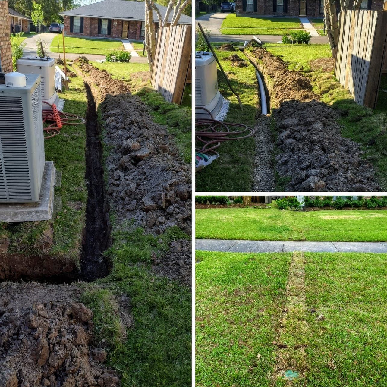 Three photos of a drainage job: the open trench beside an HVAC unit, the pipe laid in, and the lawn restored