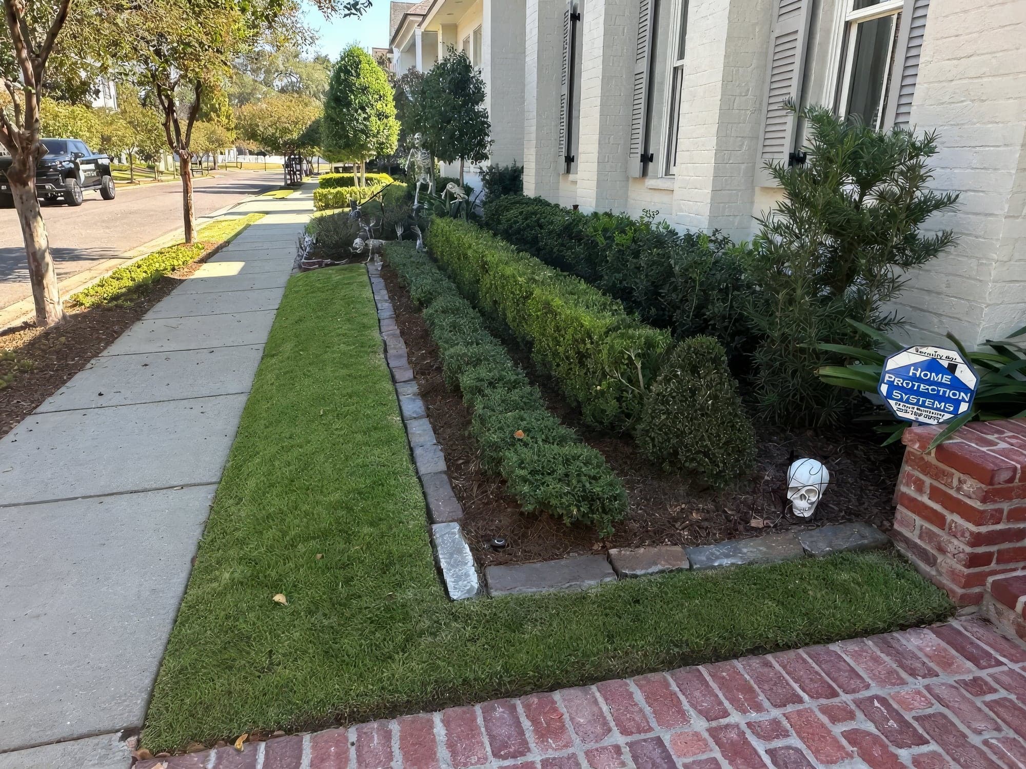 A neatly maintained residential landscape bed with trimmed boxwood hedges, fresh pine straw mulch, stone paver edging and a freshly cut lawn along a white brick home. Halloween skeleton decorations and a home security si