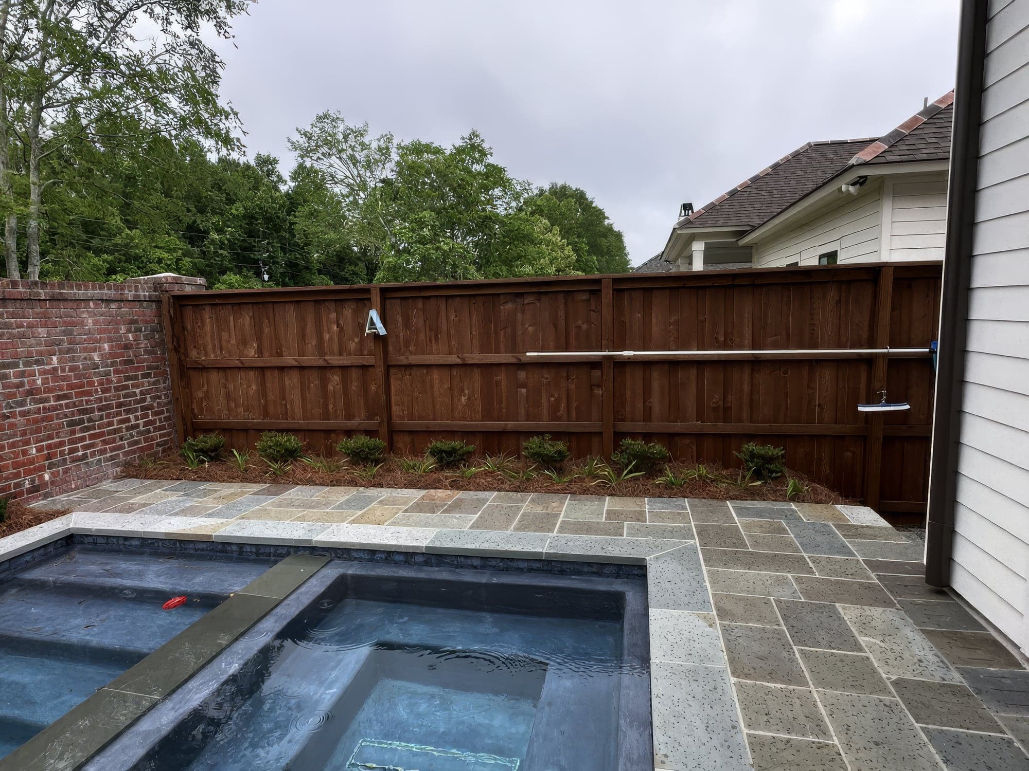 New shrubs planted along a brick wall behind a spa and pool