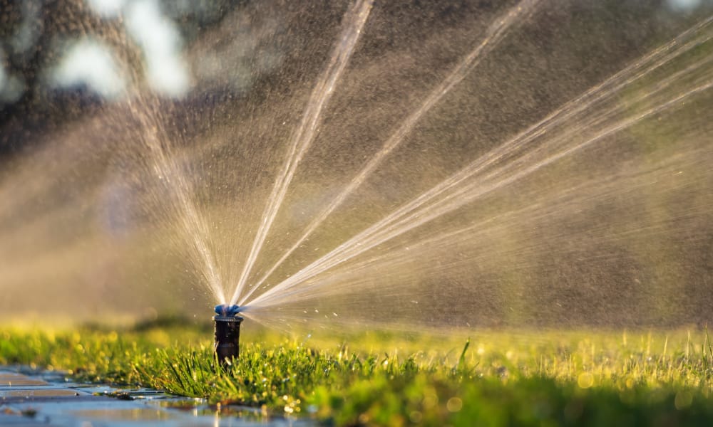 A sprinkler head poking above the grass, spraying rays of water streams up into the air with a fine mist.