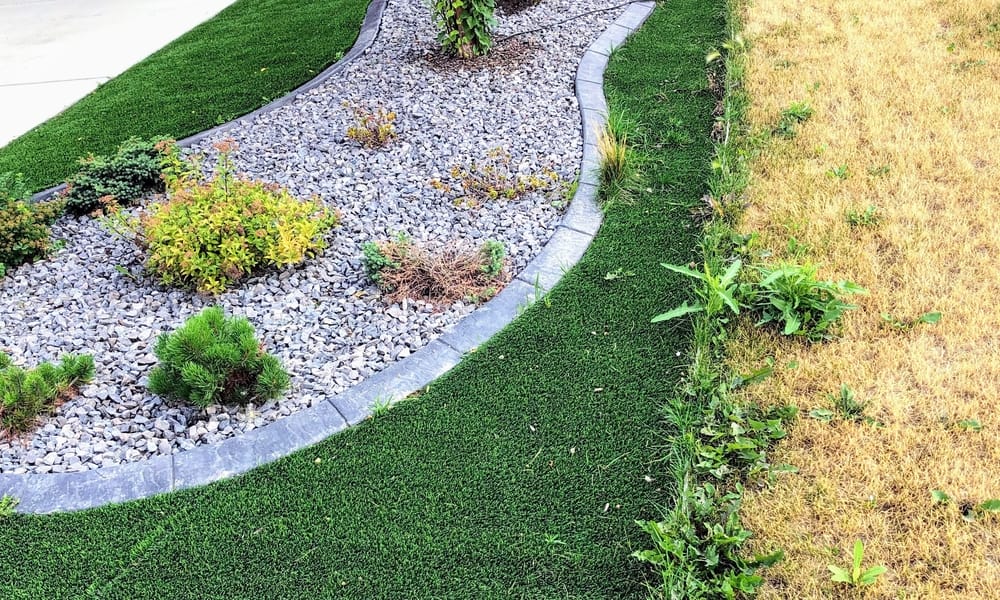 A lush and green artificial lawn sits adjacent to a dead, brown lawn, creating a stark contrast.