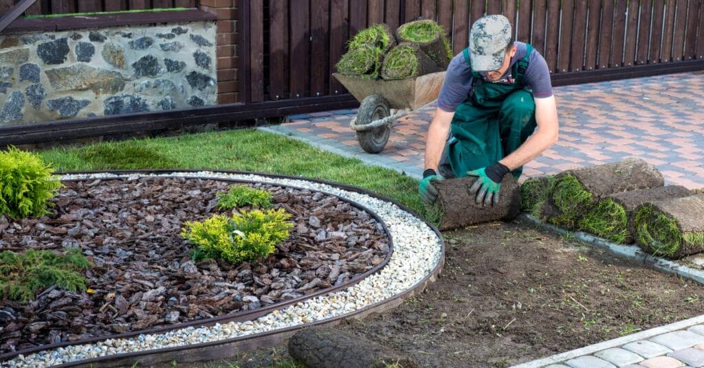 A man in green overalls, gloves, and a cap kneeling down to lay grass next to a small patch of garden surrounded by gravel.